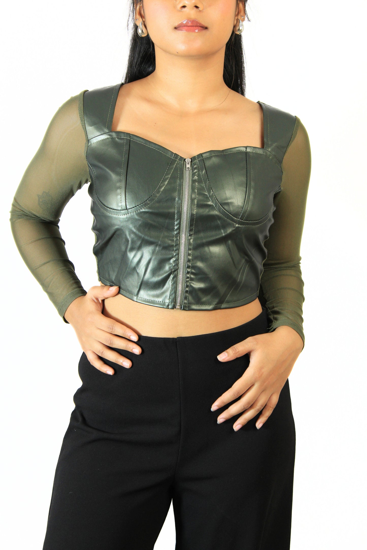 Leather Zip Top : Olive Green