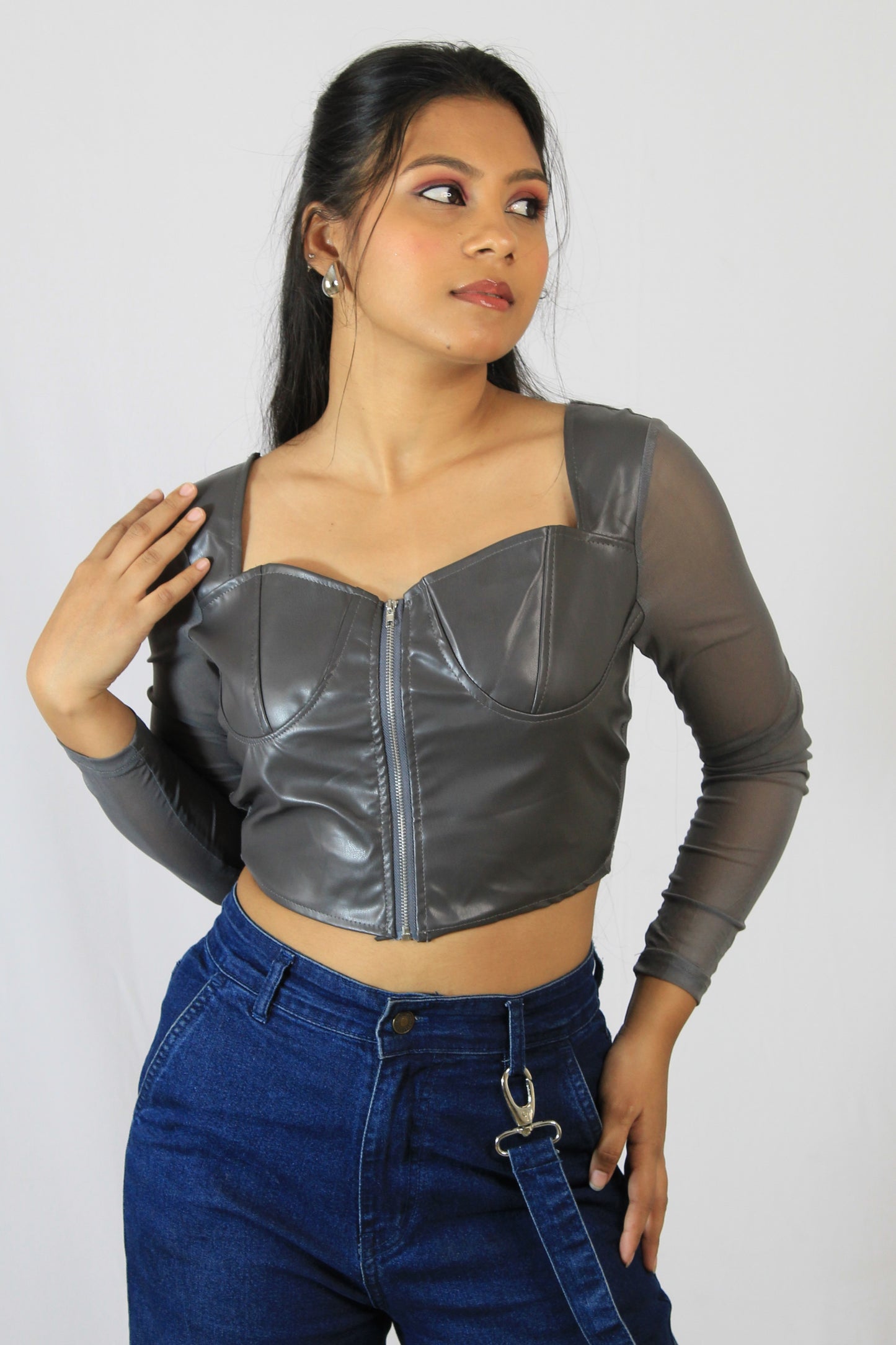 MESH SLEEVE FAUX LEATHER CORSET TOP