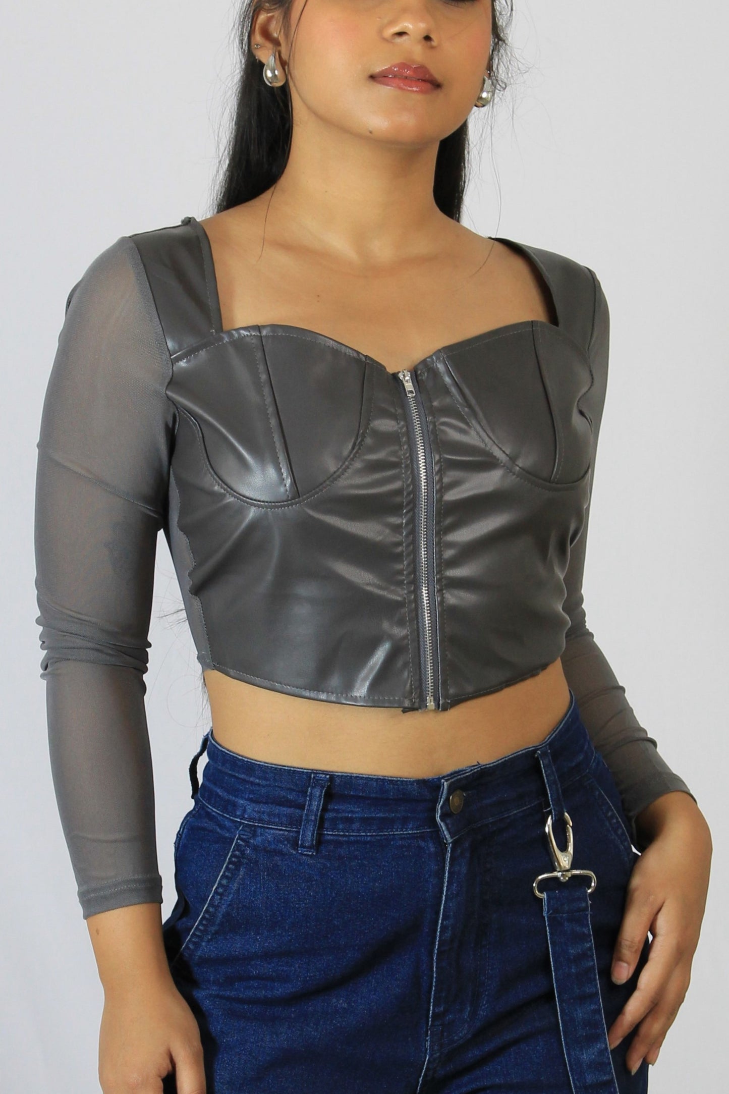 MESH SLEEVE FAUX LEATHER CORSET TOP