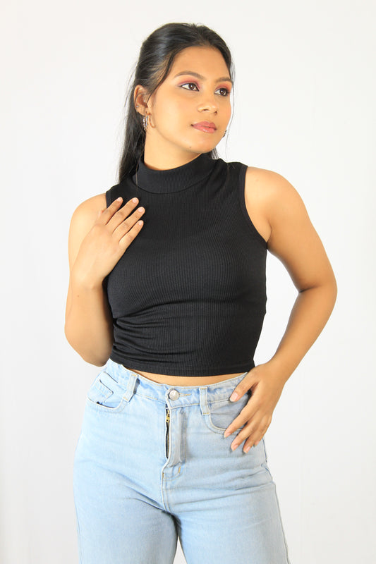 BLACK SLEEVELESS MOCK NECK CROP TOP